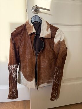 Custom Real Cowhide Paneled Brown and White Zip Leather Jacket